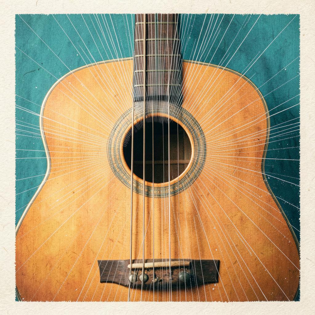 Acoustic guitar soundhole and strings behind a radiating spike mask in teal and orange