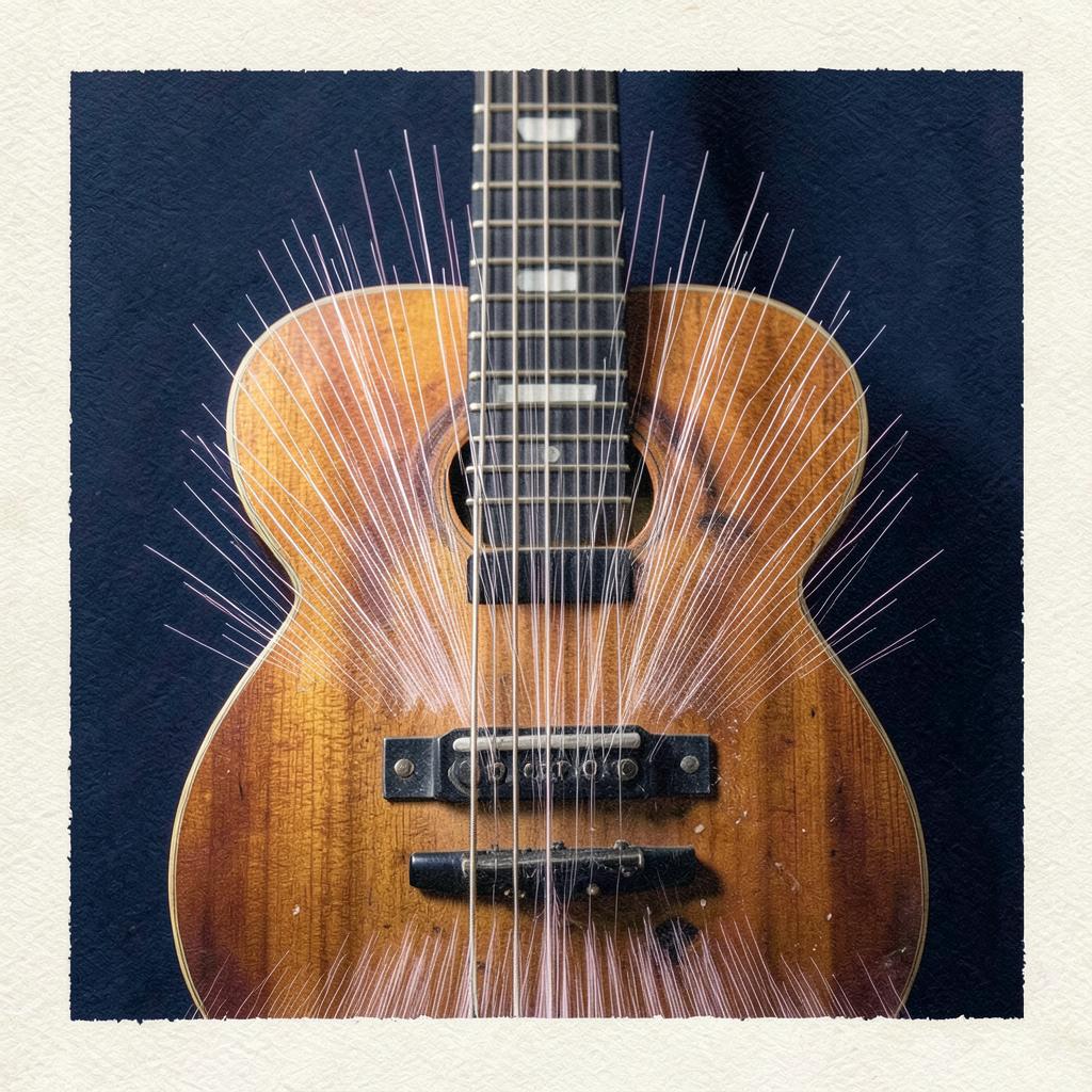 Vintage guitar body and fretboard behind a radiating spike mask in navy and warm wood