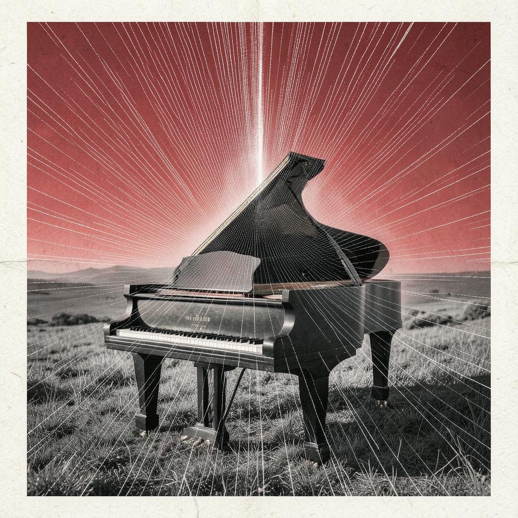 Grand piano behind a radiating spike mask in red and monochrome